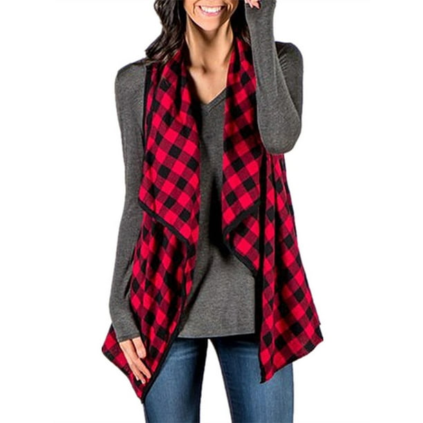 Women/'s Ladies Sleeveless Plaid Check Waistcoat Vest Jacket Cardigan Blouse Tops